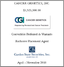 GSS Capital Group selected transaction — Cancer · Genetics · 2010 · Tombstone