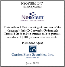 GSS Capital Group selected transaction — Neostem · Tombstone